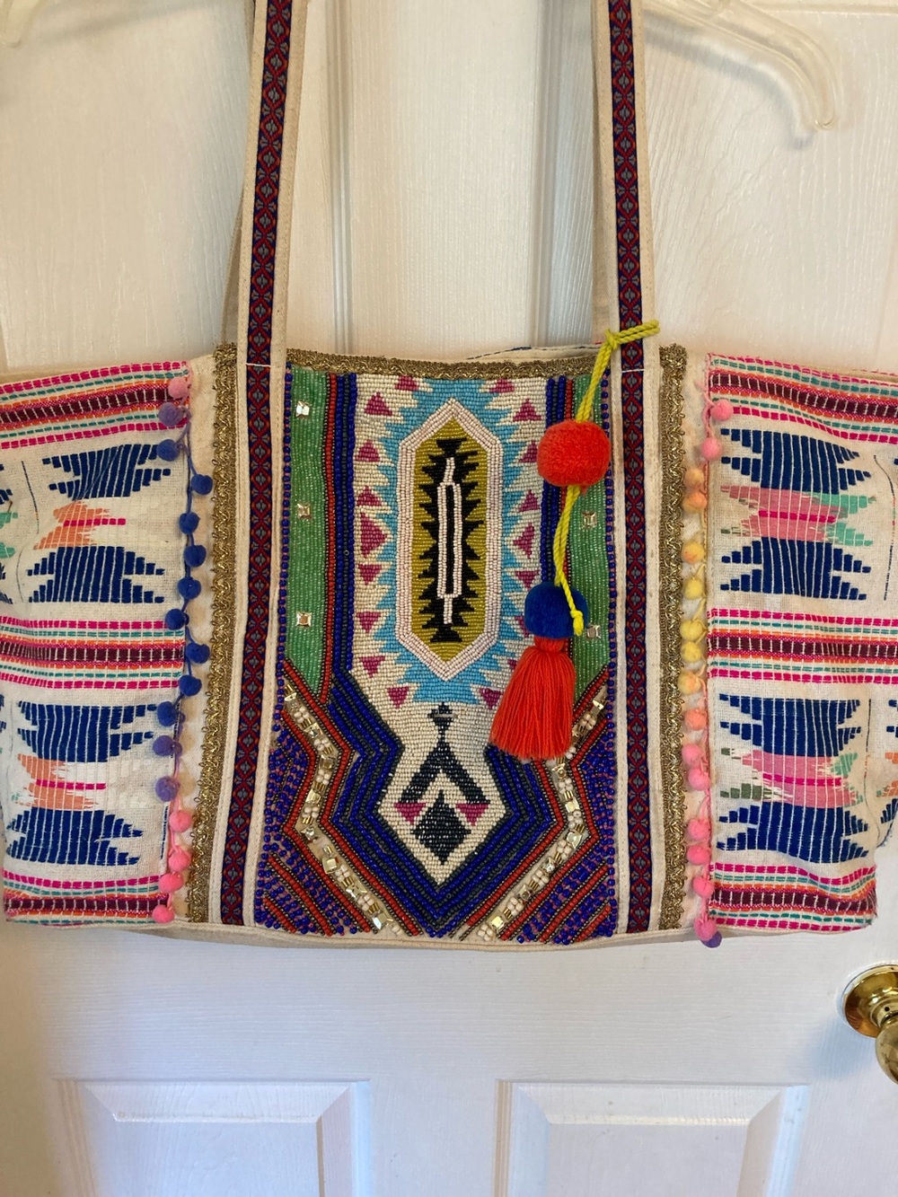 America & Beyond Boho Embroidered & Beaded  Tote Bag with Pom Pom Tassels